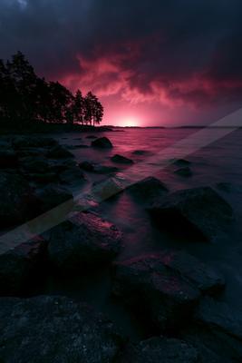 A dramatic pink and magenta sunset illuminates the sky over a calm body of water, with dark rocks in the foreground and silhouetted pine trees on the distant sh