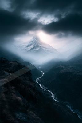 An ethereal panorama landscape of a mountains, fog.