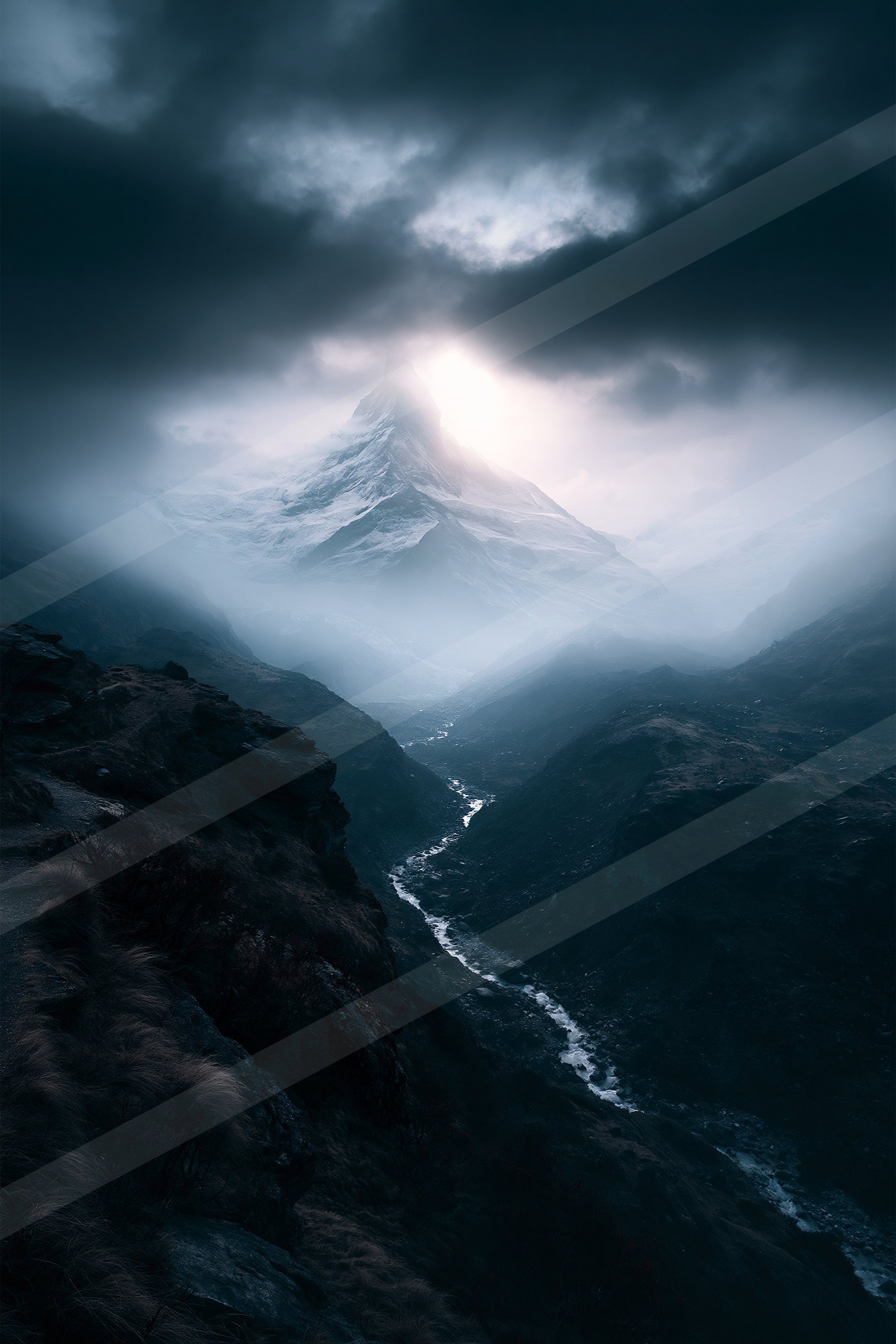 A towering snow-capped mountain peak surrounded by dark clouds, illuminated by a striking sunburst. A winding river flows through the valley below.