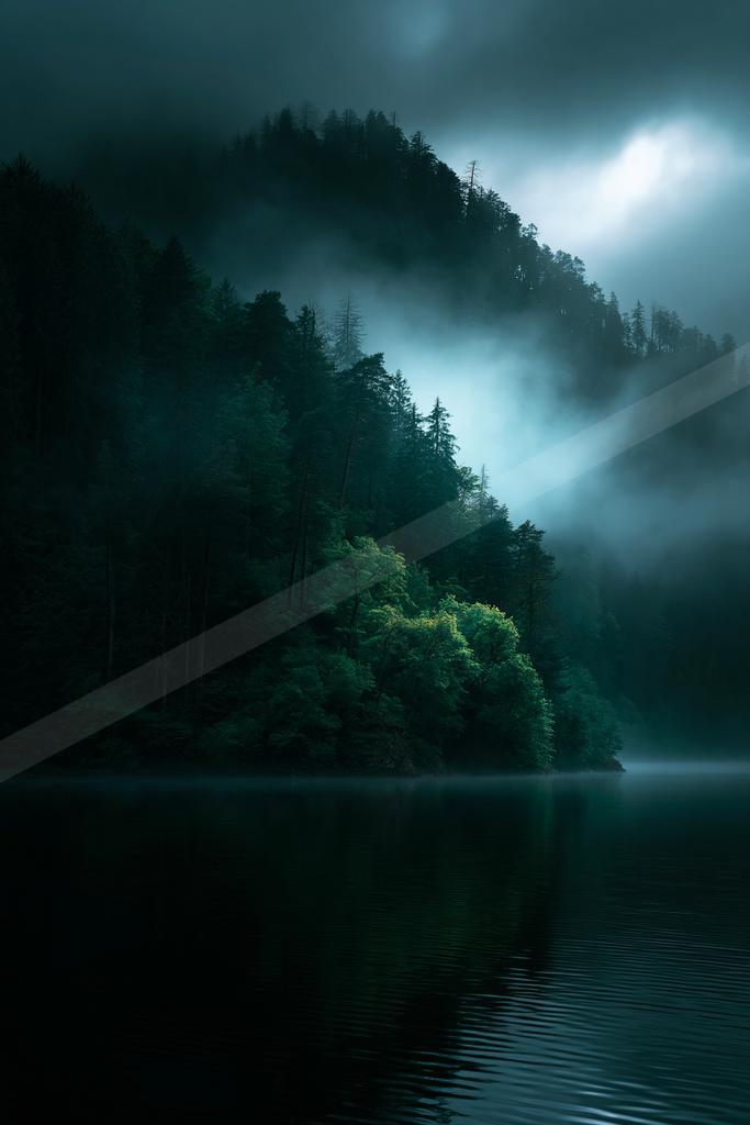A dense coniferous forest covered in thick fog descends to the edge of a calm, dark lake under a dramatic cloudy sky.