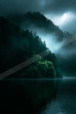 A dense coniferous forest covered in thick fog descends to the edge of a calm, dark lake under a dramatic cloudy sky.