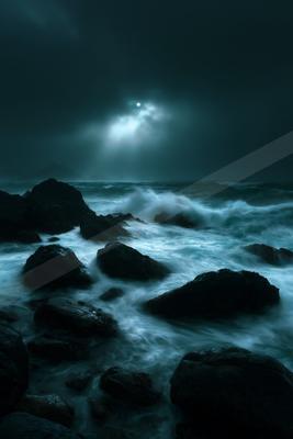 Powerful ocean waves with white foam crashing against large dark rocks on a stormy night, illuminated by moonlight breaking through heavy clouds.