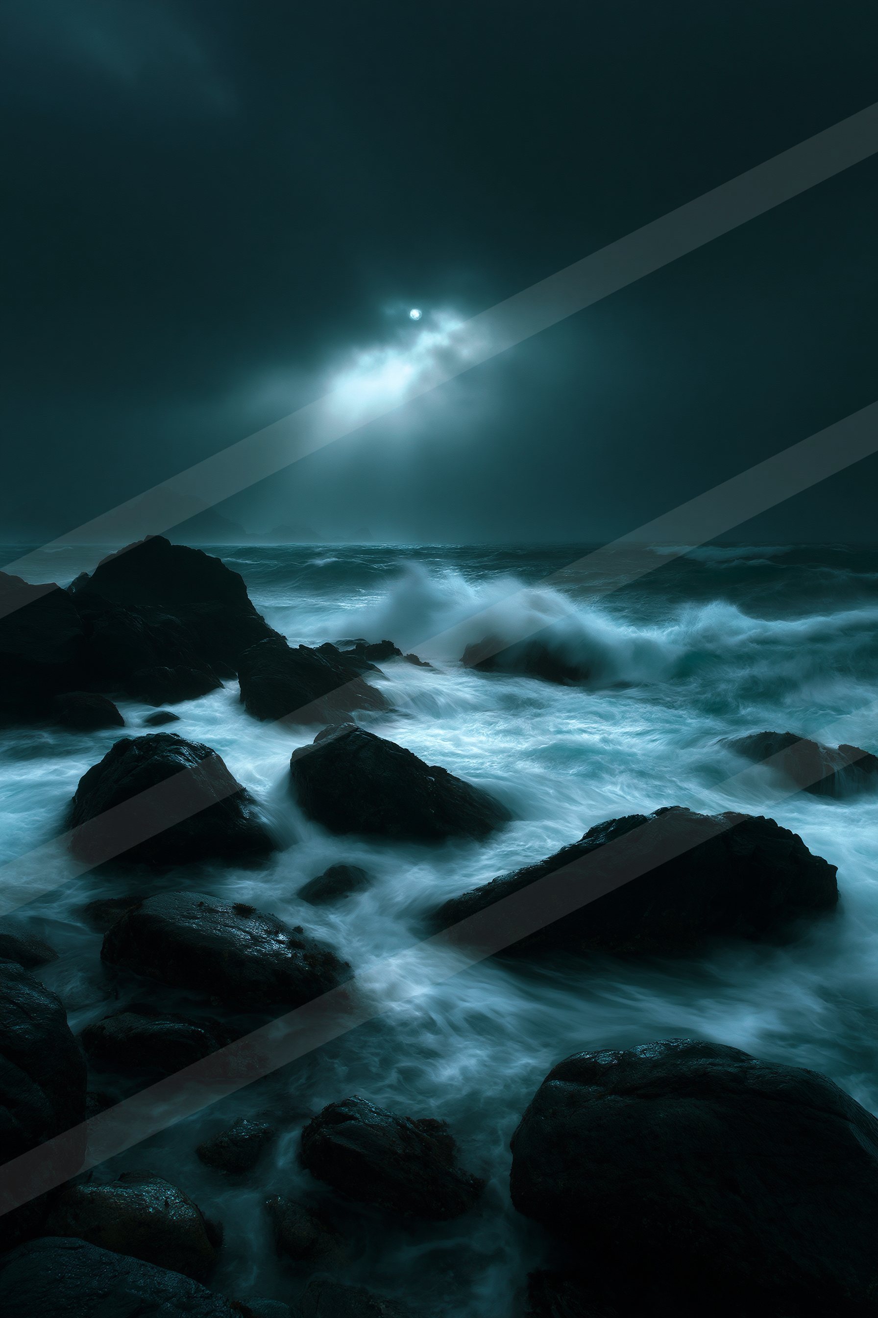 A night long exposure water scene of an ocean, rocks.