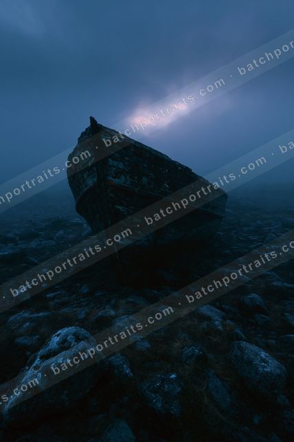 A mysterious still life of a boat, fog.