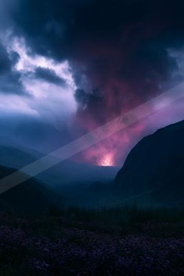 A blue hour sky scene of storm, sunrise, valley.