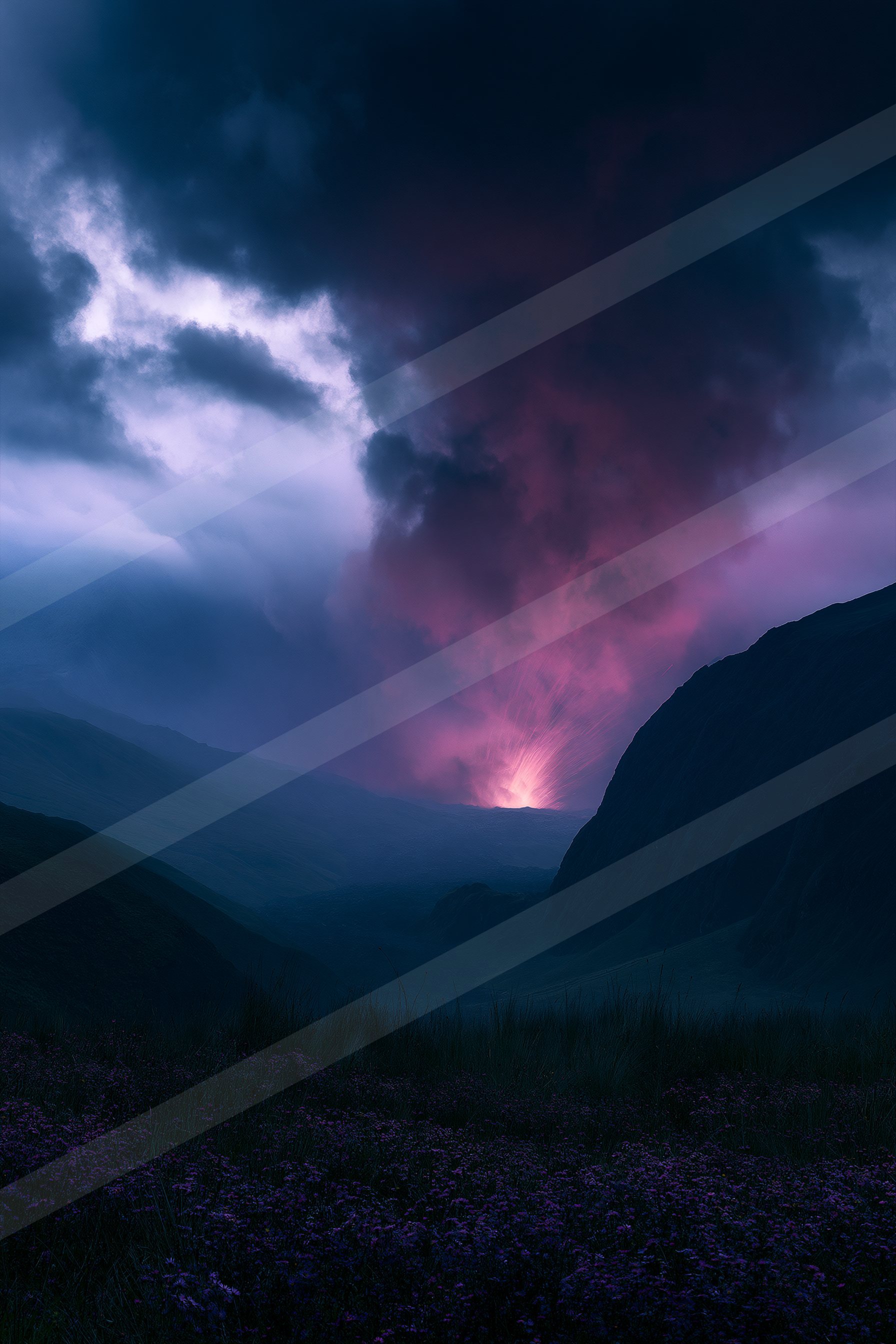 A striking purple lightning bolt illuminates a dark stormy sky over a mountainous landscape, with vibrant purple flowers in the foreground.
