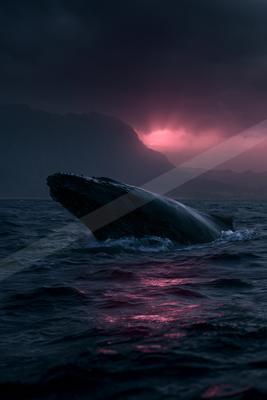 A humpback whale breaches the dark ocean surface with a mountainous coastline and dramatic pink sunset in the background.