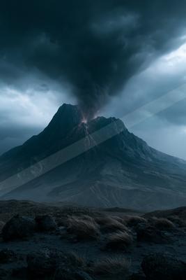 A dramatic landscape of mountains, storm.