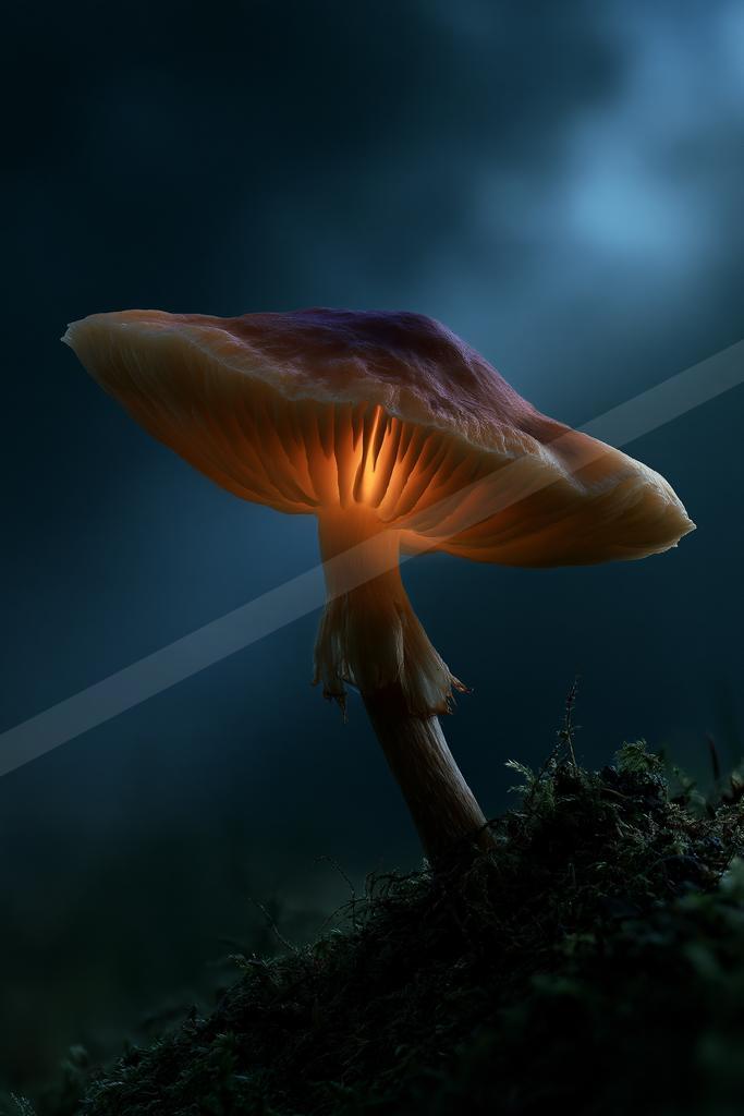A single mushroom with an orange glowing underside and purple cap grows from mossy ground in a dark, misty forest at night.