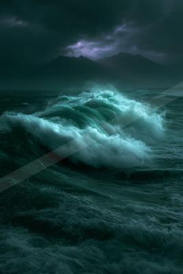 Massive turquoise and white waves crashing in a stormy sea under a dark, cloudy sky with purple light and silhouetted mountains in the background.