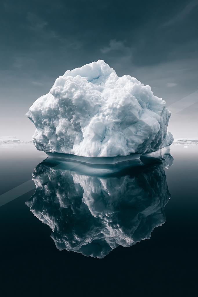 A massive white and blue iceberg floats in perfectly still dark water, creating a symmetrical mirror reflection under an overcast sky.
