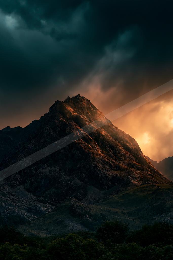 A moody landscape of mountains.