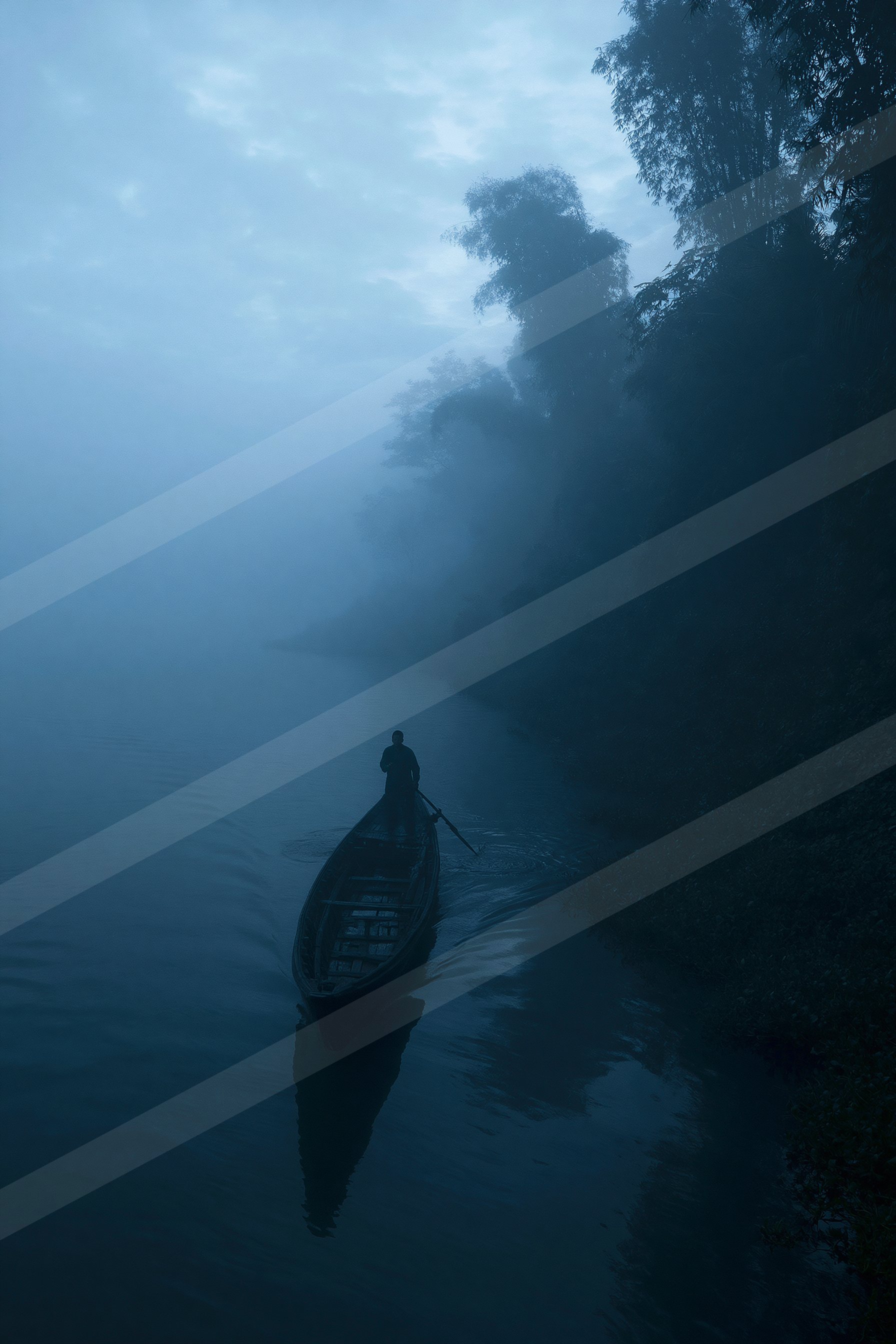 A mysterious water scene of a river, fog.