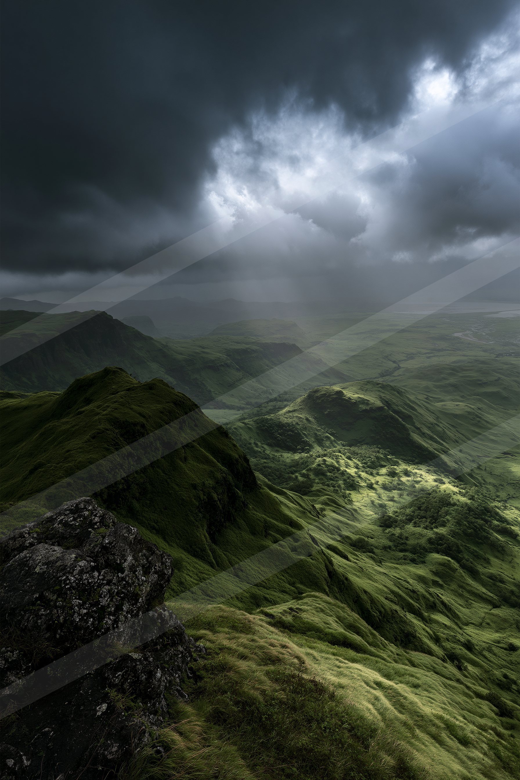 A dramatic panorama landscape of a rolling hills, fog.