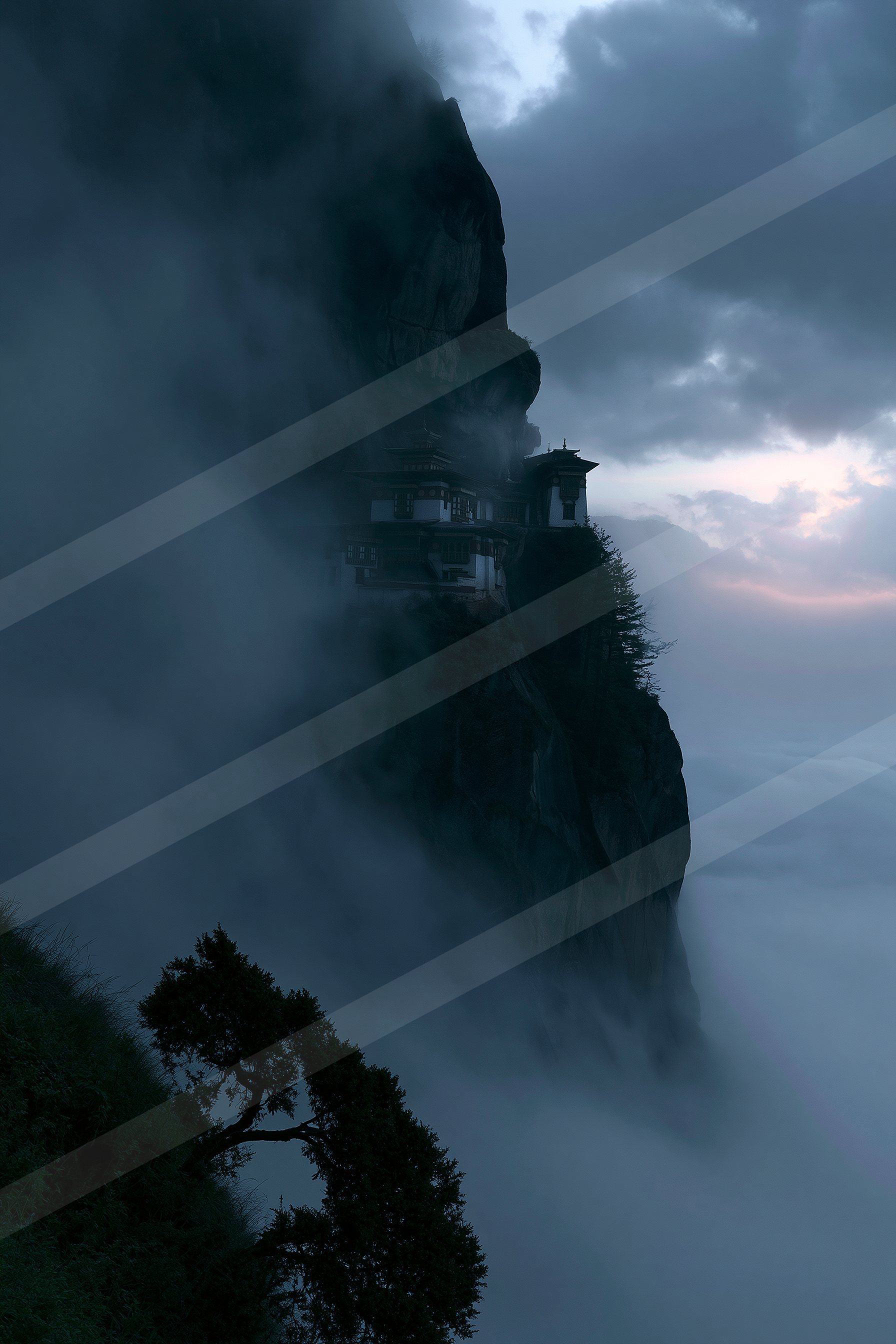 A mysterious landscape of a cliff, fog.