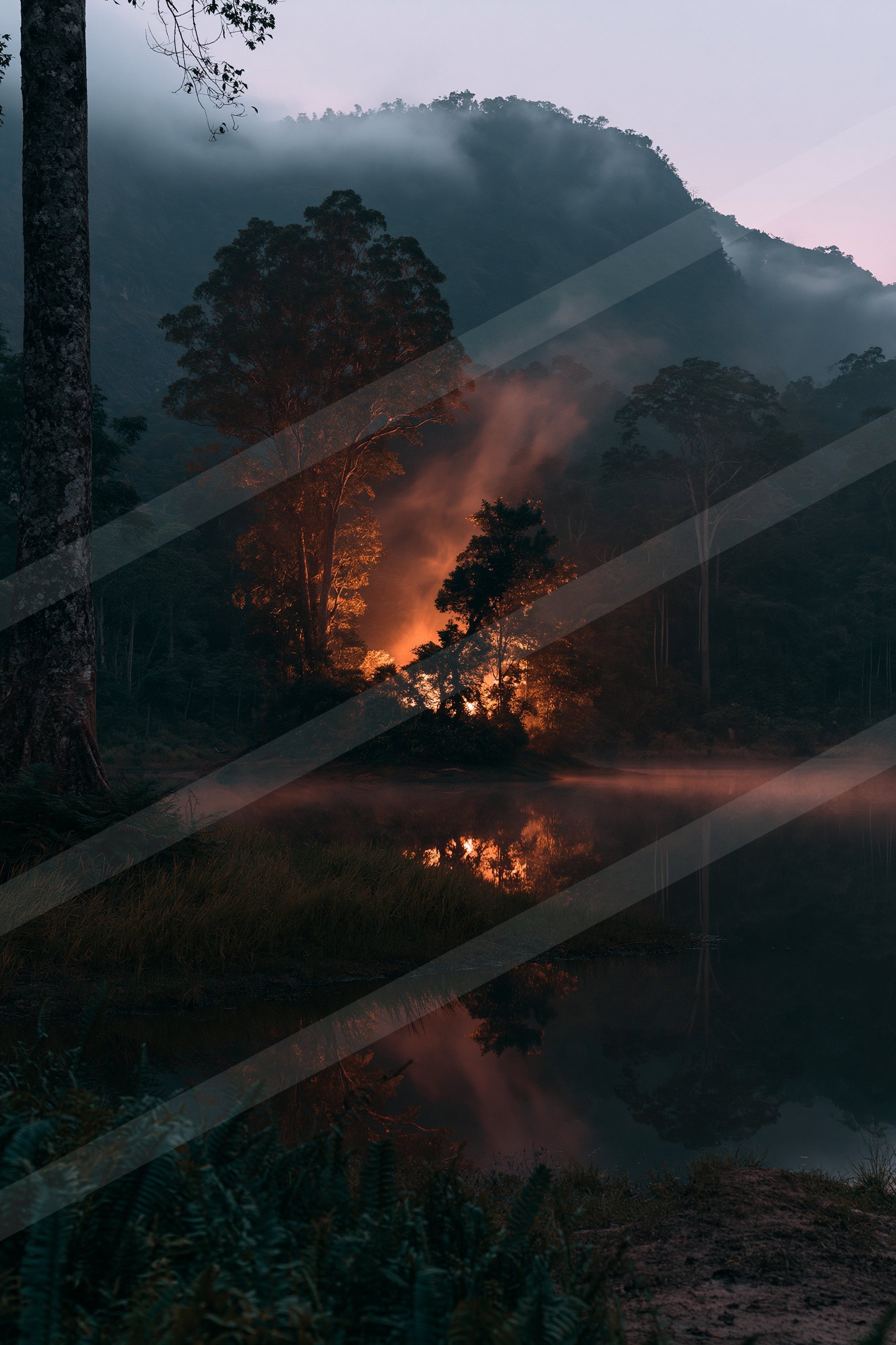 An ethereal double exposure sky scene of a sunrise, fog.