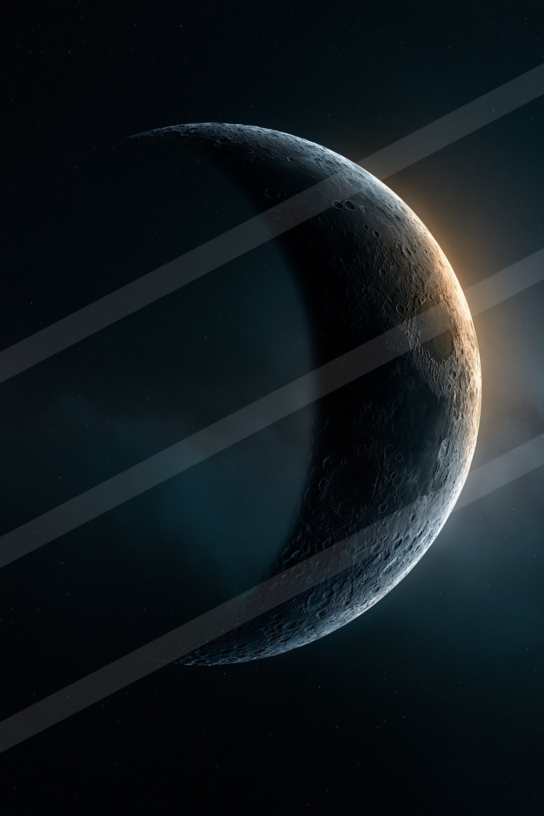A detailed view of a crescent moon with a bright edge against the backdrop of a star-filled night sky.
