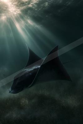 A black-toned moody photograph of electric ray, stingray, hammerhead.