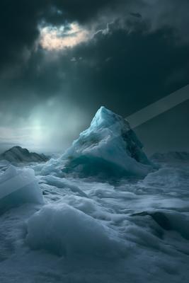 An ethereal landscape of a glacier, ice.