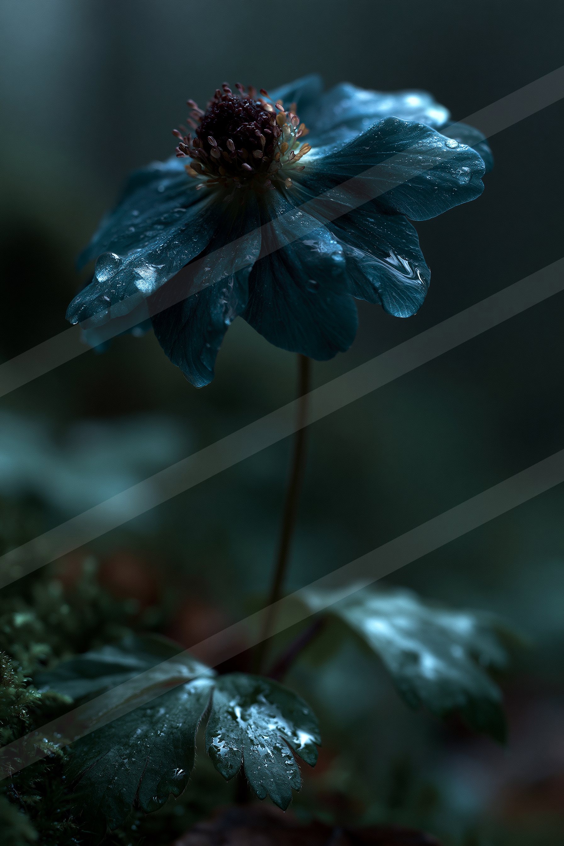 A moody macro nature scene of a flowers, reflection.