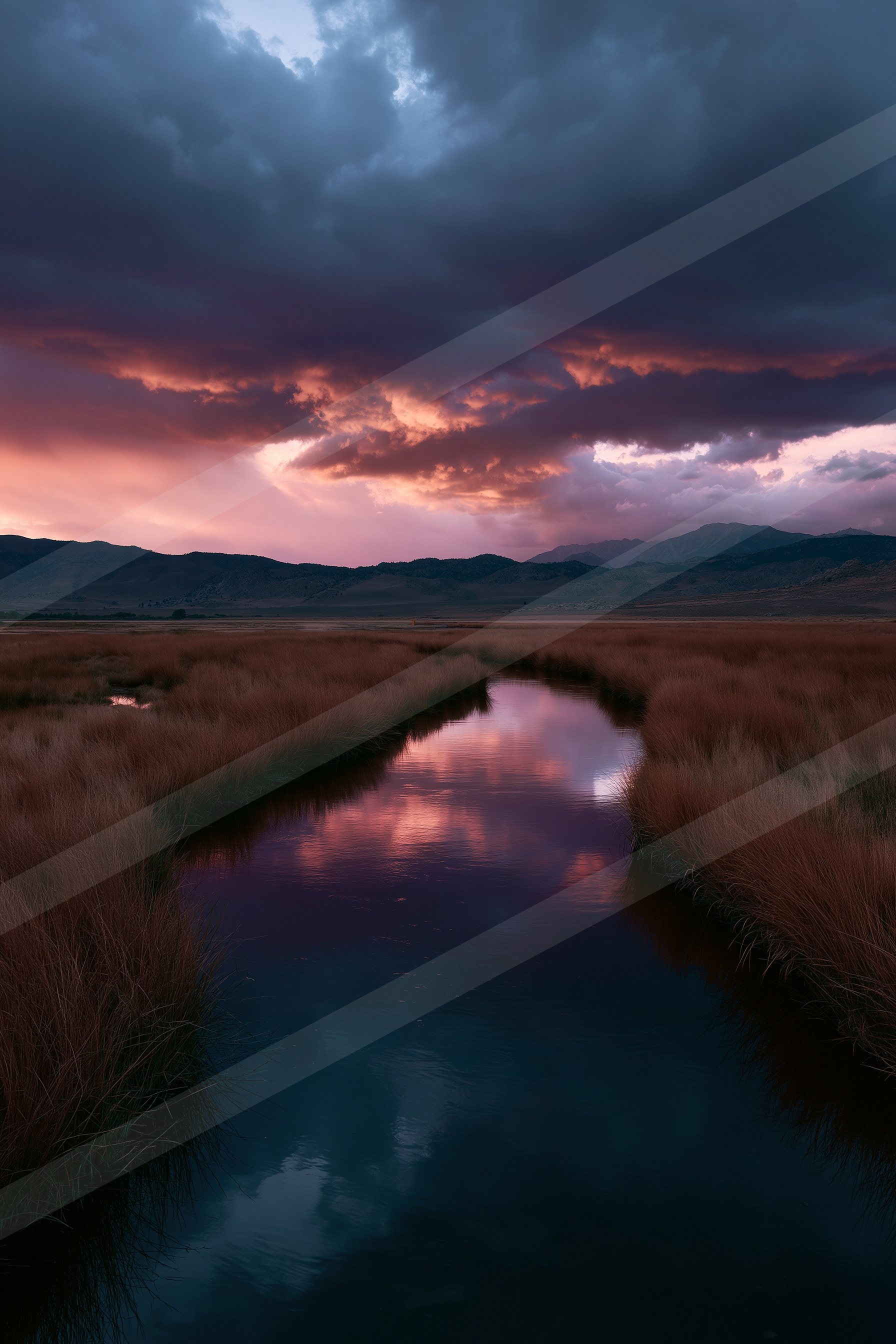 A blue hour high contrast water scene of a wetland, reflection.