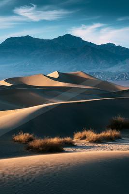 A blue hour long exposure landscape of desert.