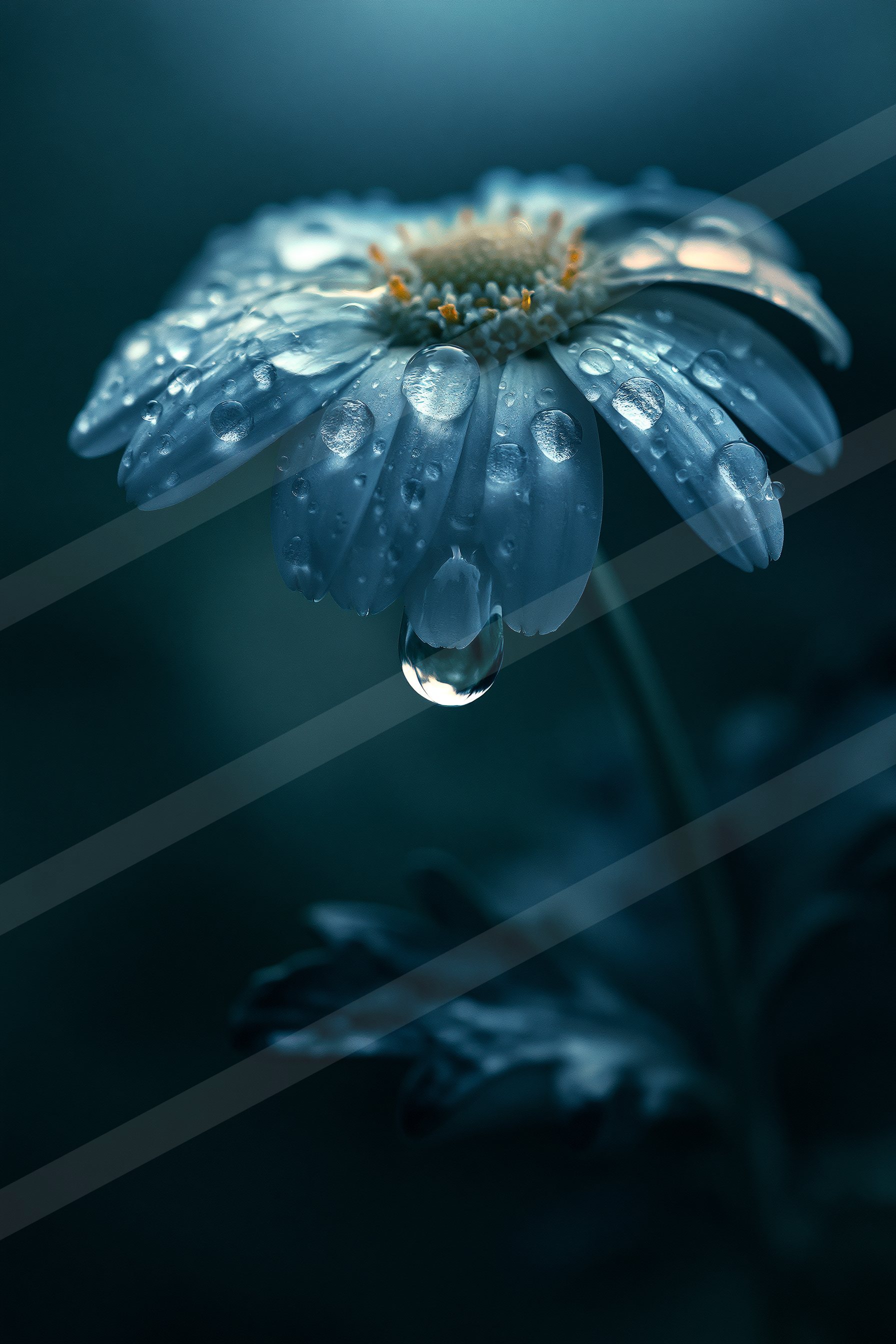 A mysterious macro nature scene of a daisy, water drops.