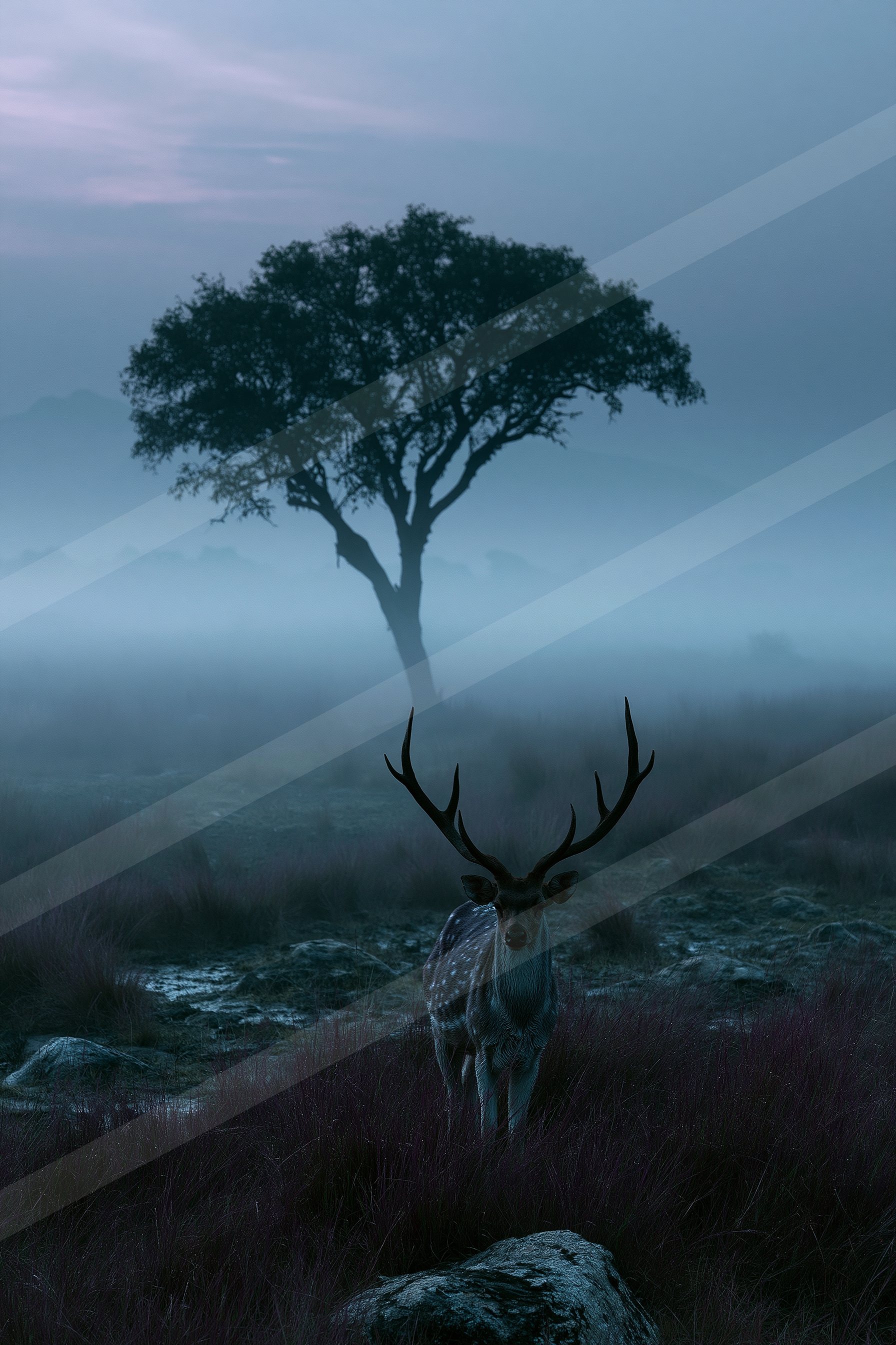 A stag with prominent antlers stands in a misty field, framed by a solitary tree under a twilight sky.