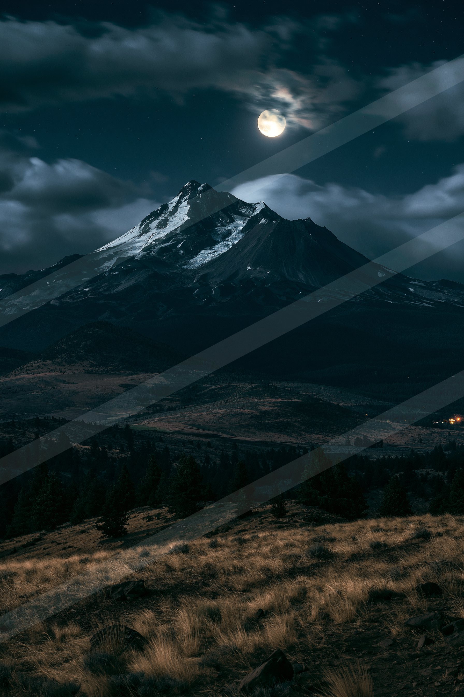 A dramatic night scene featuring a snow-capped mountain peak illuminated by the moon, surrounded by dark clouds. The foreground shows a forested valley with tal
