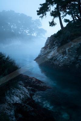 A blue hour water scene of lake, ocean, river.