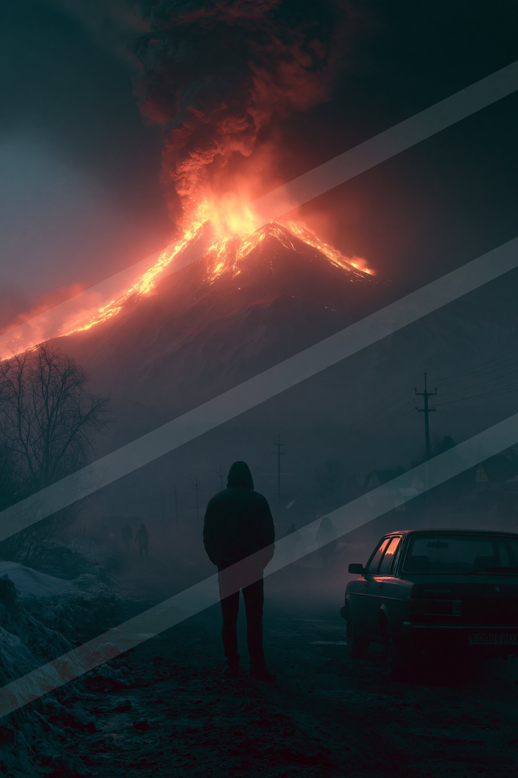 A dramatic landscape of a volcano, fire.