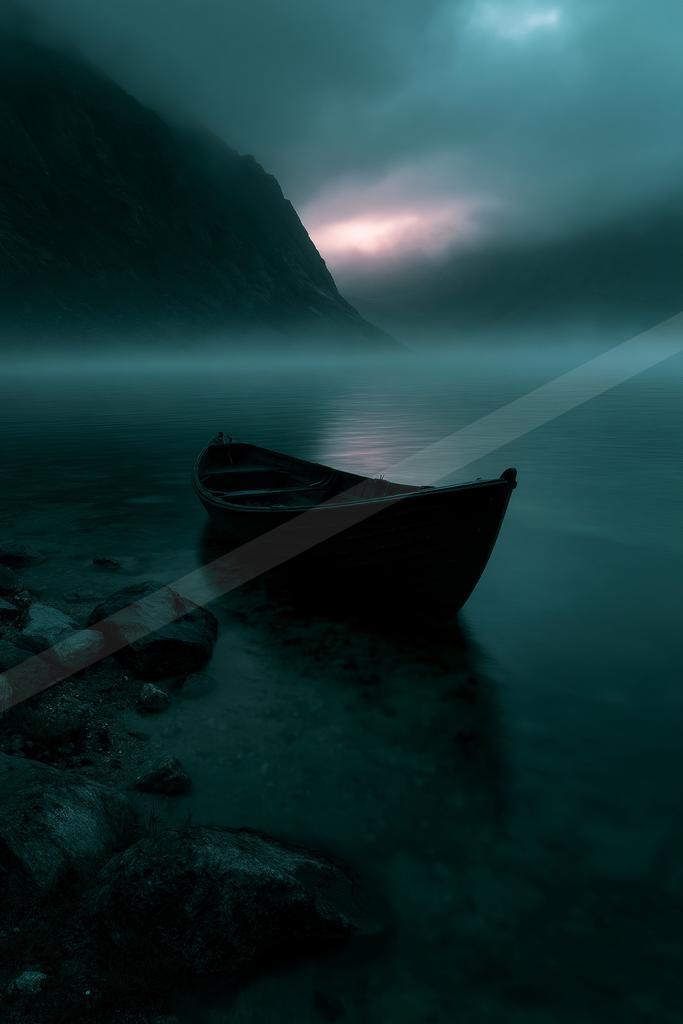 A dark wooden rowboat rests partially on a rocky shore of a calm lake, surrounded by thick fog and towering dark mountains under a moody, dimly lit sky.