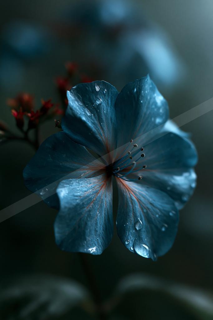 A vibrant blue flower with five petals covered in glistening water droplets, featuring orange-red veins and prominent stamens, set against a dark blurred backgr