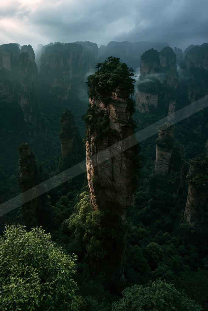 A moody landscape of valley, trees, mountains.