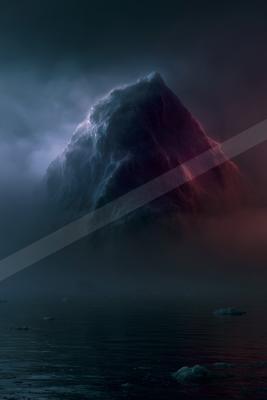 An ethereal landscape of a volcano, ice.