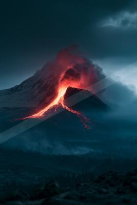 A black-toned moody photograph of volcano, alp, mountain tent.