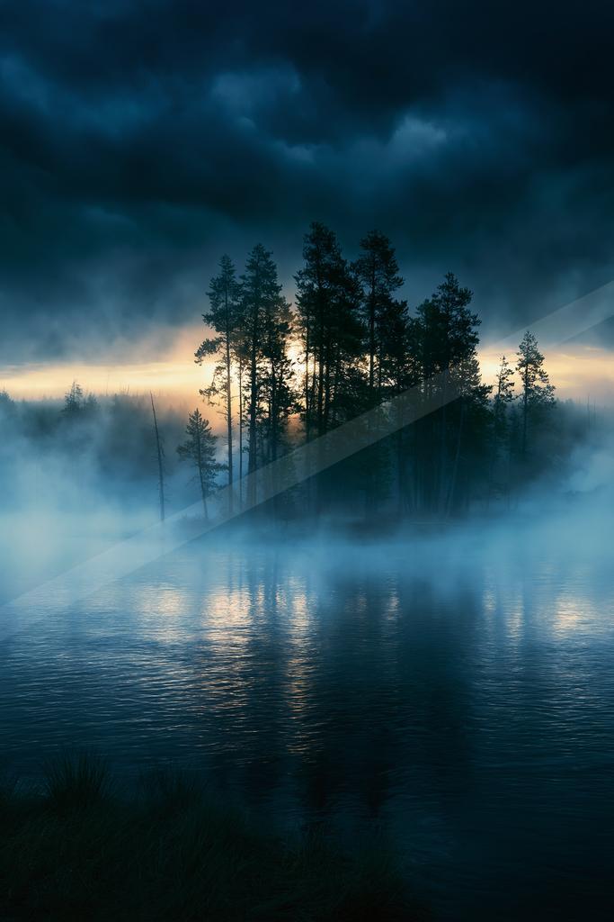 A blue hour water scene of lake, sunrise, trees.