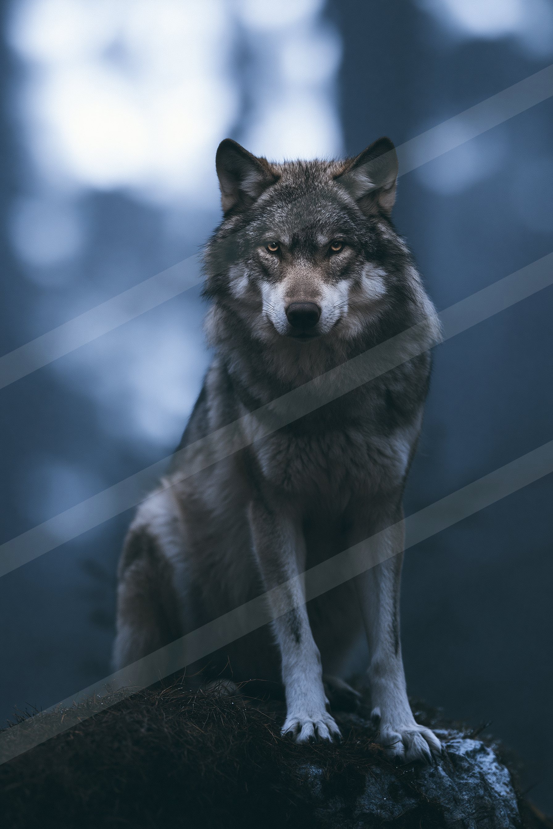 A wolf stands alert on a rocky surface in a misty forest setting during dusk.