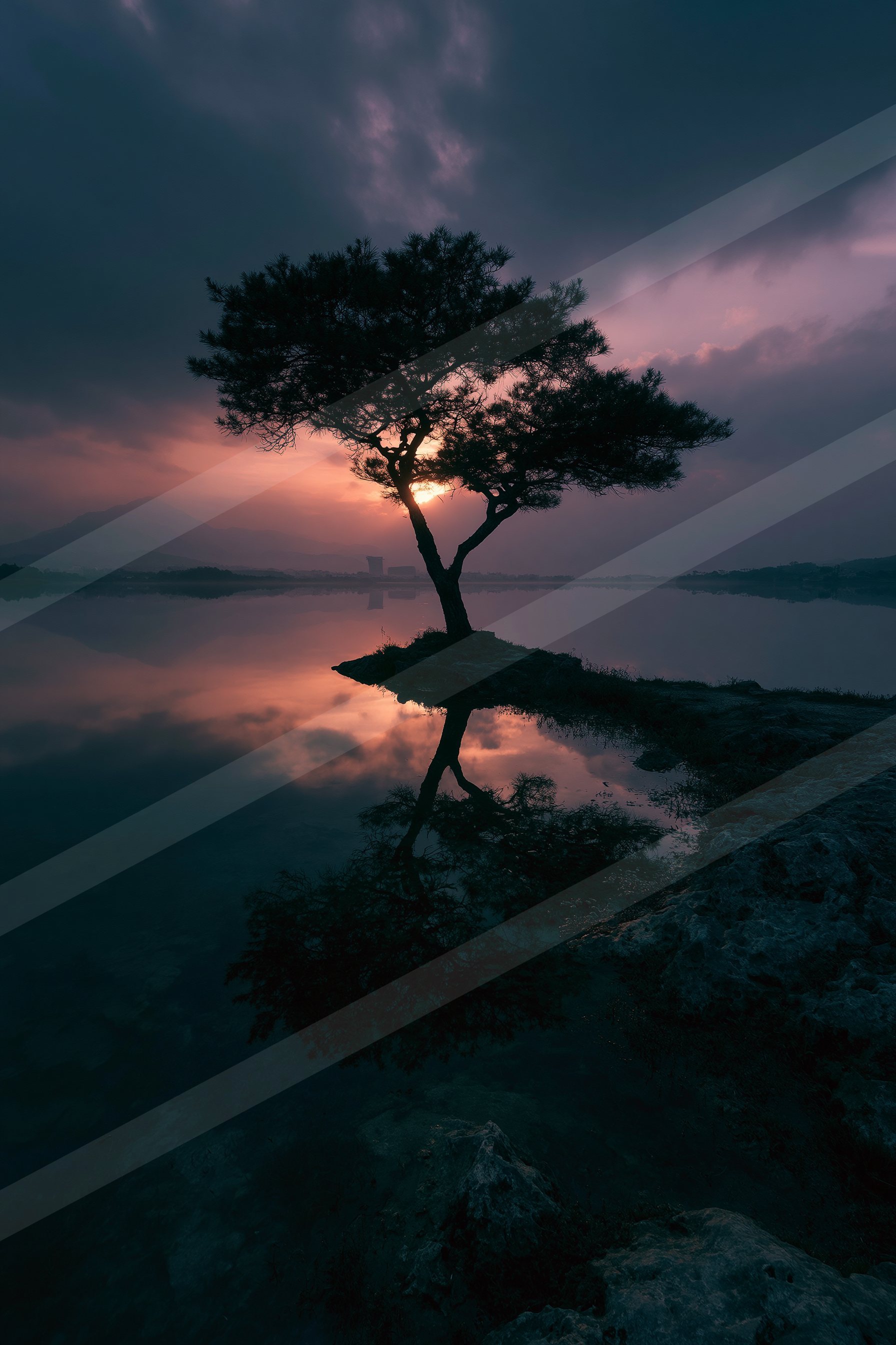 A serene high contrast sky scene of a sunset, reflection.