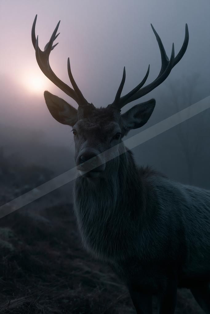 A large male deer with impressive antlers stands in a misty forest, looking directly at the camera with a bright sun glowing through the fog in the background.