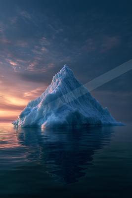 A massive, jagged iceberg floats in a calm ocean under a dramatic sunset sky with orange and blue hues, its reflection visible on the water's surface.