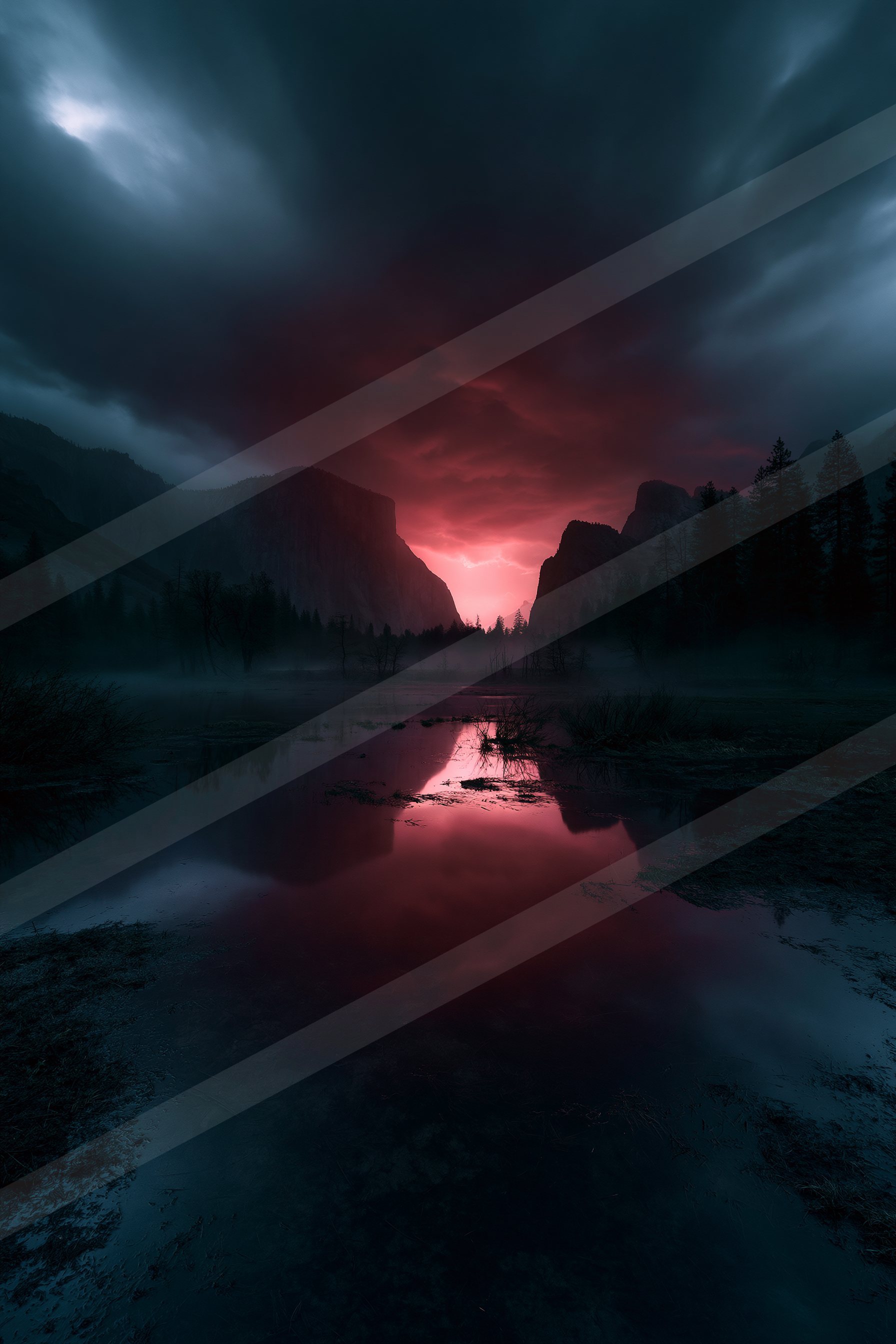 A tranquil lake reflects a vivid red sky at dusk with silhouetted trees and mountains in the background.