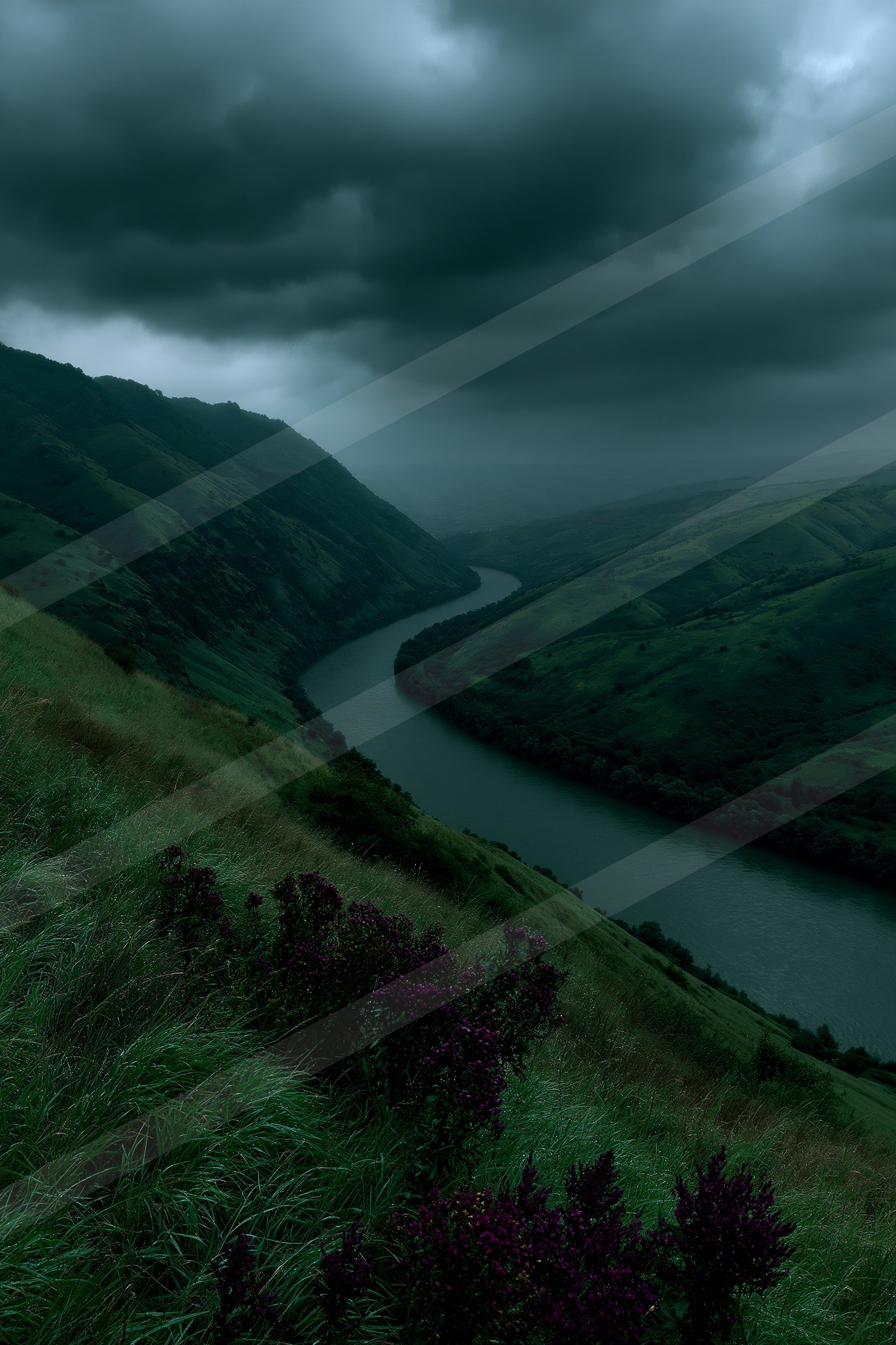 A moody long exposure landscape of a valley.