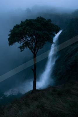 A serene water scene of waterfall, fog.