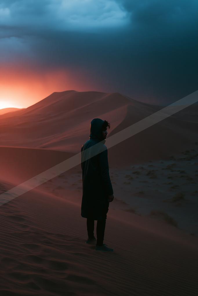 A dramatic landscape of desert, sunrise, silhouette.
