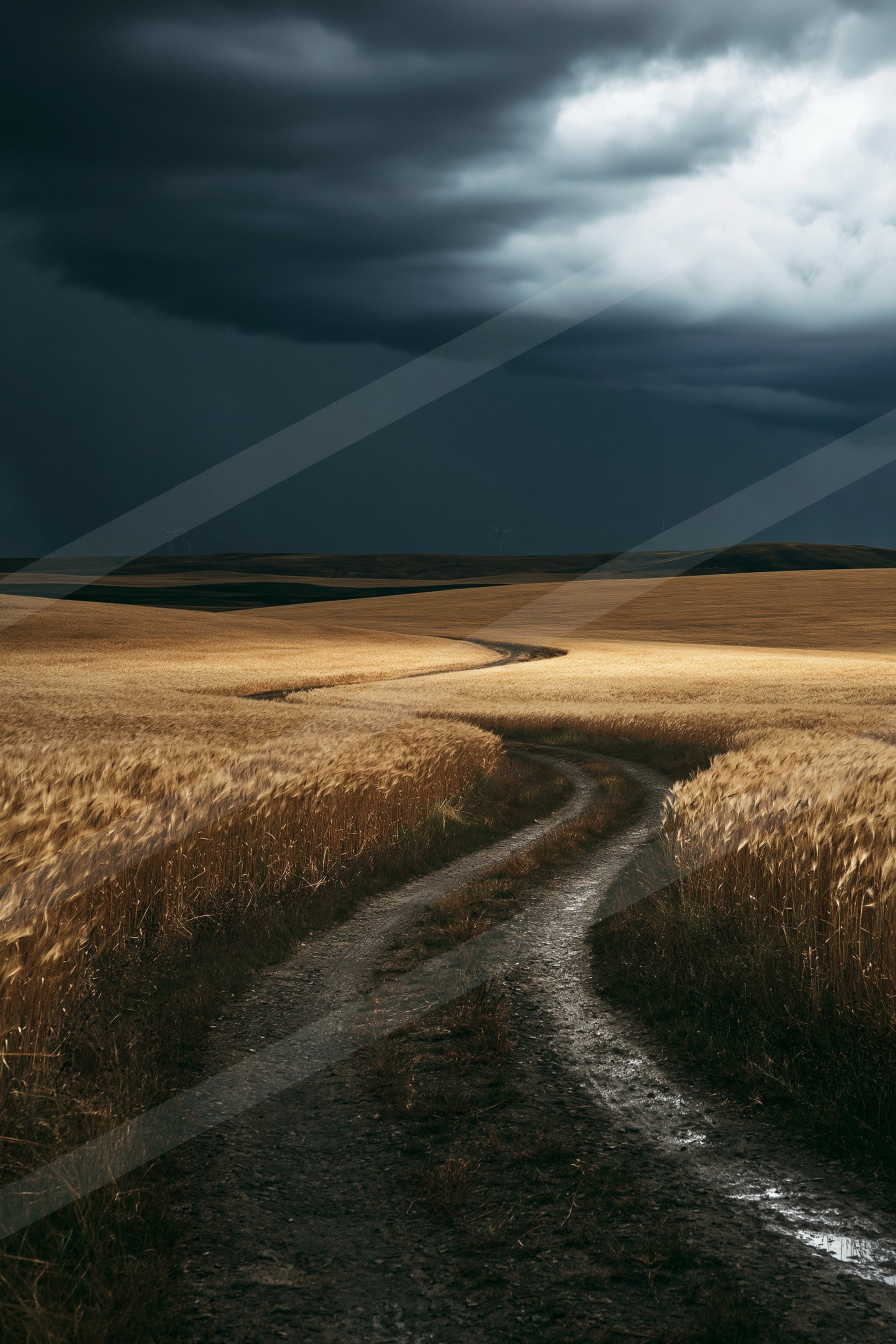 A dramatic high contrast landscape of a field, road.