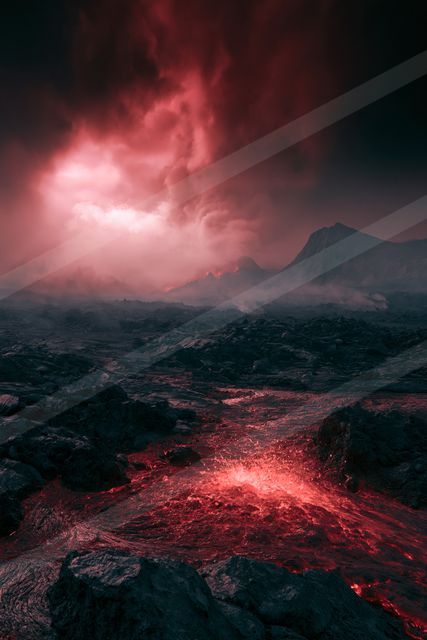 An ethereal landscape of a volcano, dust.
