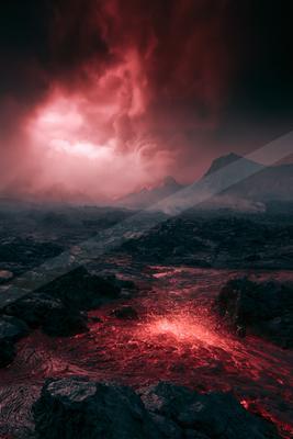 A moody landscape of mountains.