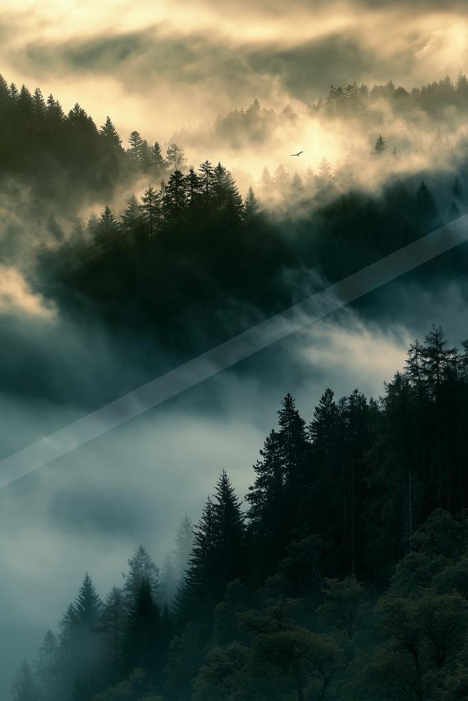 A serene nature scene of forest, trees, mountains.