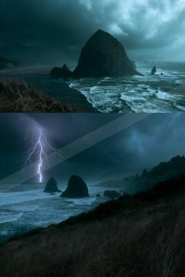 A dramatic sky scene of storm, ocean.